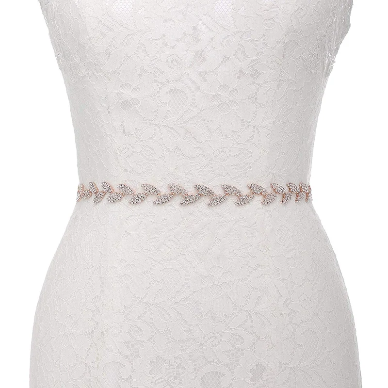 JLZXSY Handmade Leaf Thin Alloy Bridal Belt Rhinestone Wedding Dress Sashes for Bride Bridesmaid (Silver,Rose Gold,Gold)