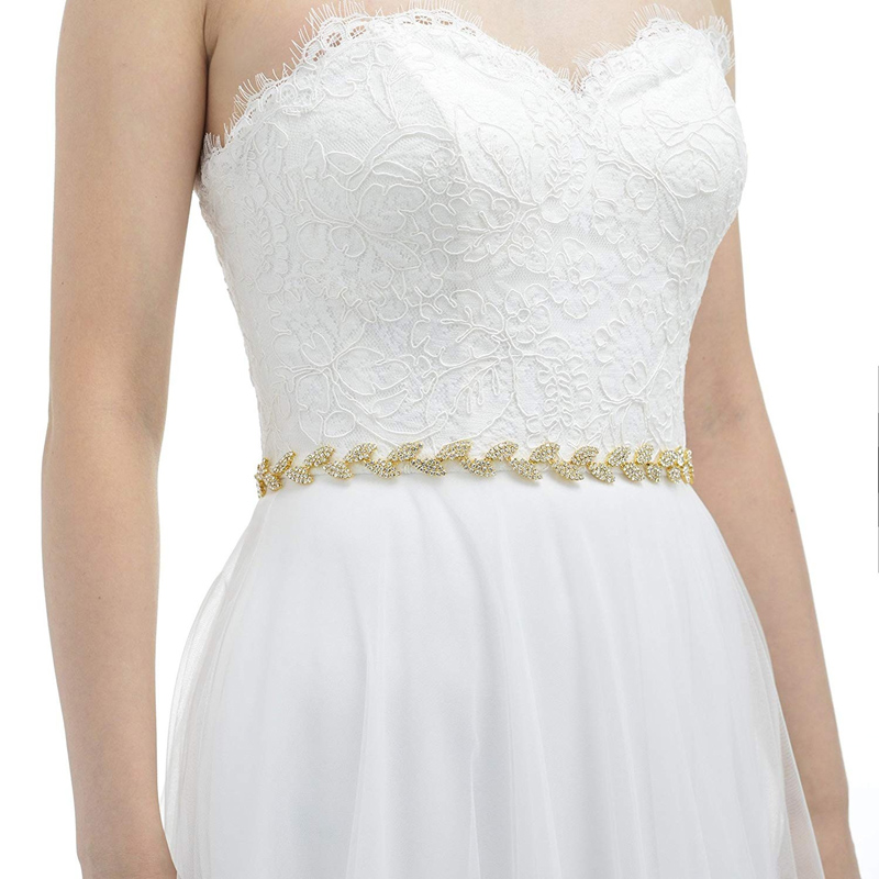 JLZXSY Handmade Leaf Thin Alloy Bridal Belt Rhinestone Wedding Dress Sashes for Bride Bridesmaid (Silver,Rose Gold,Gold)