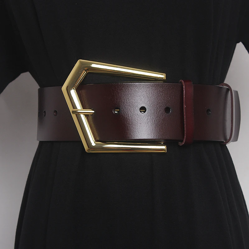 Women's Runway Fashion Gold Buckle Genuine Leather Cummerbunds Female Dress Corsets Waistband Belts Decoration Wide Belt R1108