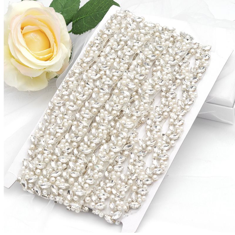 JLZXSY Pearl Beaded Handmade Rhinestone Applique Trim DIY Bridal Belt Iron Sew On Crystal Applique Trimming Wedding Accessories