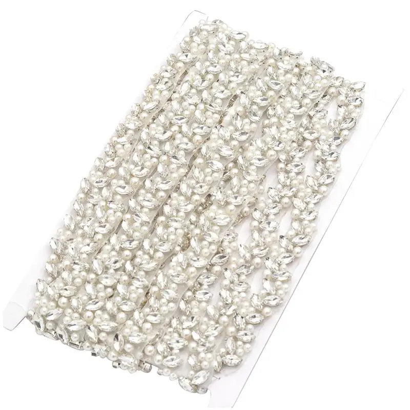JLZXSY Pearl Beaded Handmade Rhinestone Applique Trim DIY Bridal Belt Iron Sew On Crystal Applique Trimming Wedding Accessories
