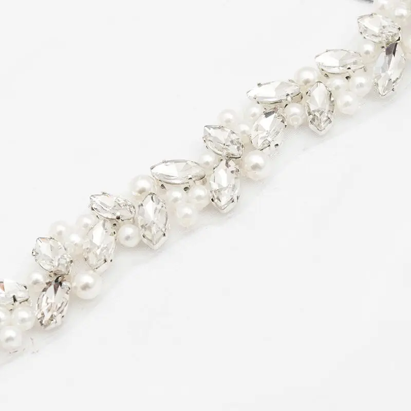 JLZXSY Pearl Beaded Handmade Rhinestone Applique Trim DIY Bridal Belt Iron Sew On Crystal Applique Trimming Wedding Accessories