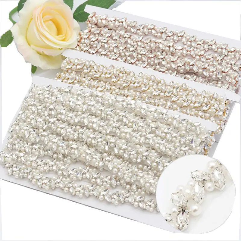 JLZXSY Pearl Beaded Handmade Rhinestone Applique Trim DIY Bridal Belt Iron Sew On Crystal Applique Trimming Wedding Accessories
