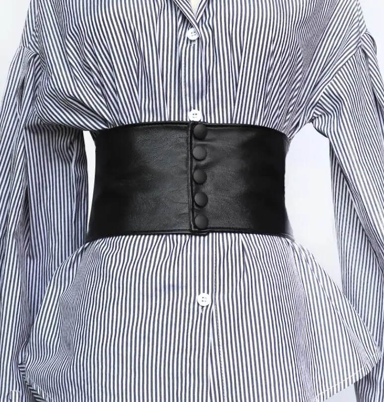 Women's runway fashion black leather elastic Cummerbunds female Dress Corsets Waistband Belts decoration wide belt R808