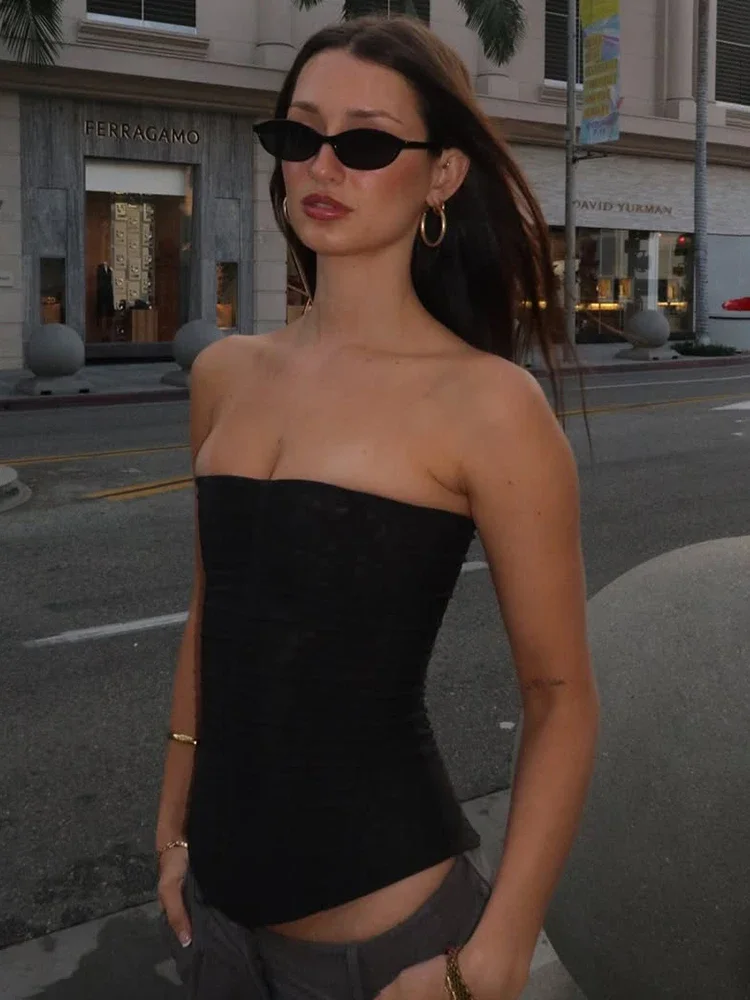 Women's High-Waist Fishbone Waist Corset Top Bodycon Sleeveless Mesh Vest Tee Y2K Summer Solid Color Sexy Tank Top