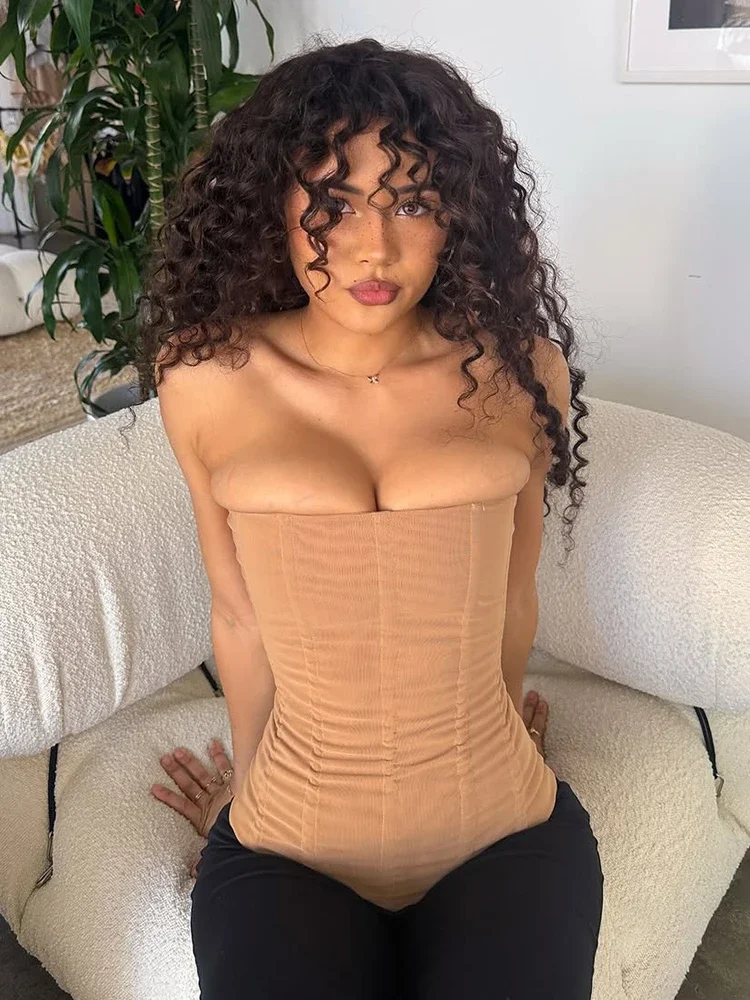 Women's High-Waist Fishbone Waist Corset Top Bodycon Sleeveless Mesh Vest Tee Y2K Summer Solid Color Sexy Tank Top