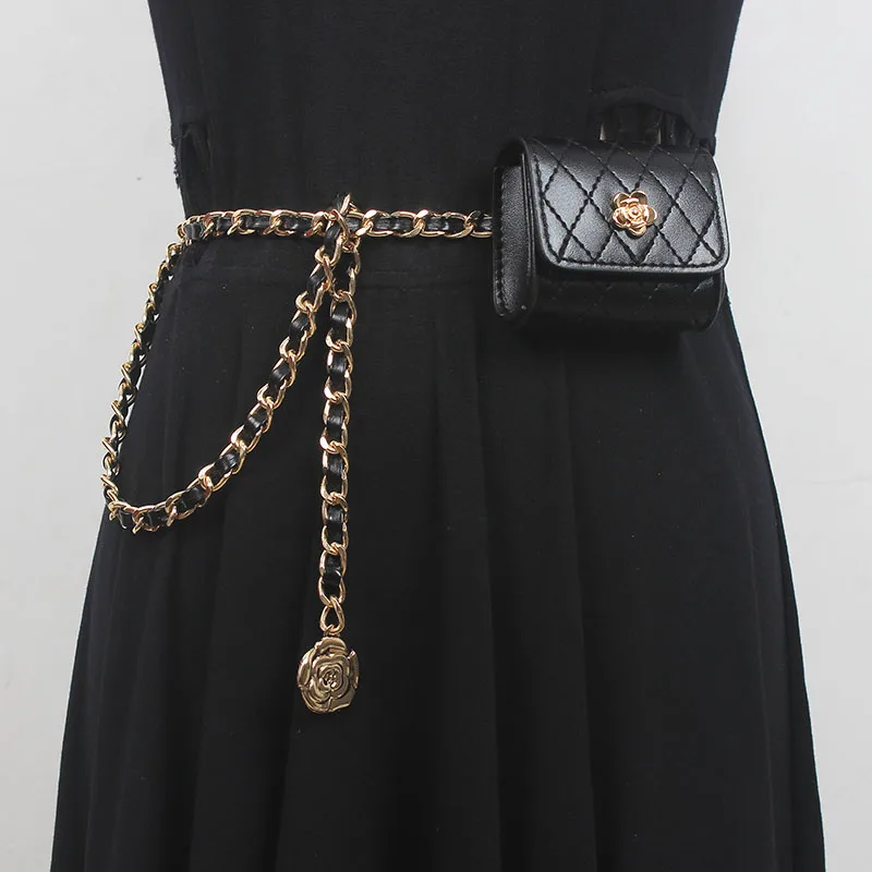 Women's Fashion PU Leather Chain Bag Cummerbunds Female Dress Corsets Waistband Belts Decoration Narrow Belt R2226