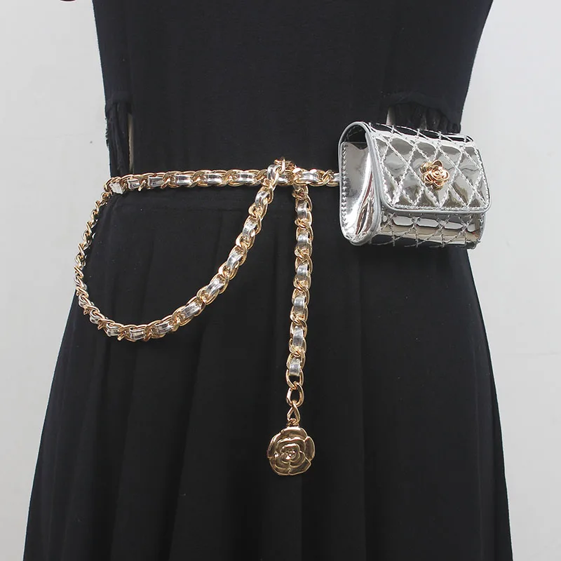 Women's Fashion PU Leather Chain Bag Cummerbunds Female Dress Corsets Waistband Belts Decoration Narrow Belt R2226