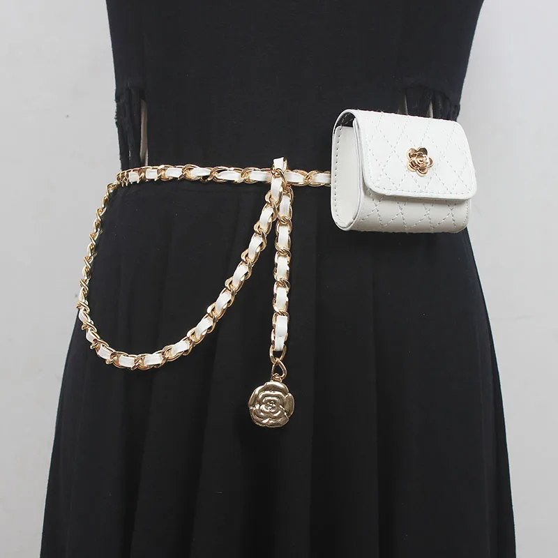 Women's Fashion PU Leather Chain Bag Cummerbunds Female Dress Corsets Waistband Belts Decoration Narrow Belt R2226