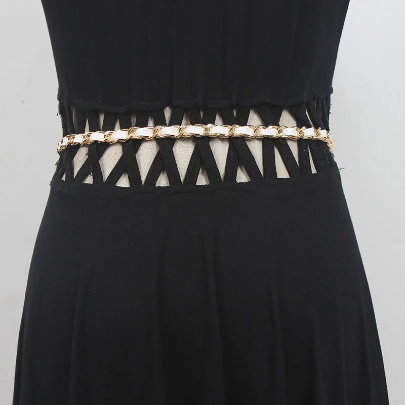 Women's Fashion PU Leather Chain Bag Cummerbunds Female Dress Corsets Waistband Belts Decoration Narrow Belt R2226