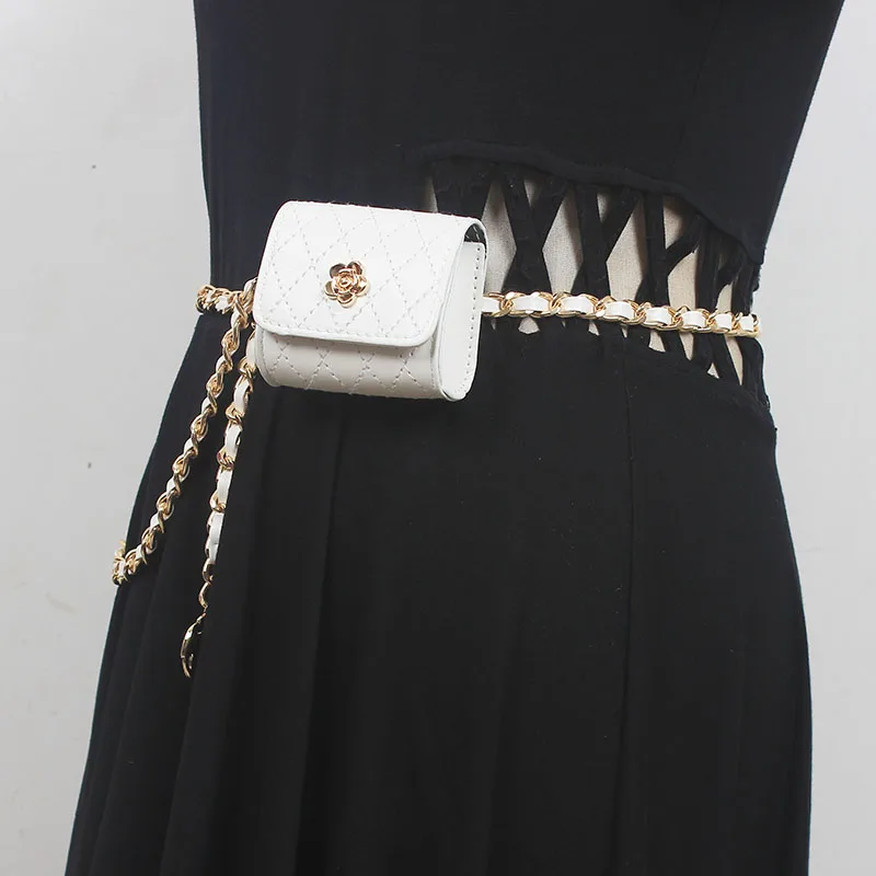 Women's Fashion PU Leather Chain Bag Cummerbunds Female Dress Corsets Waistband Belts Decoration Narrow Belt R2226