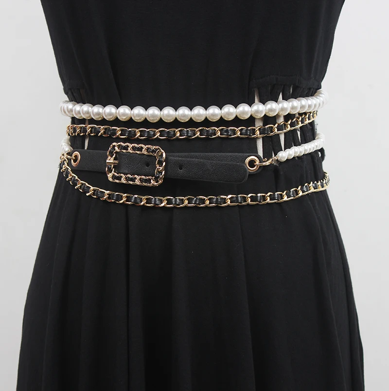 Women's Runway Fashion PU Leather Chain Pearl Cummerbunds Female Dress Coat Corsets Waistband Belts Decoration Belt R3554