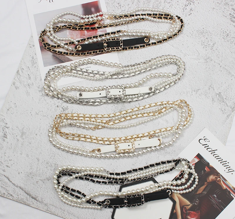 Women's Runway Fashion PU Leather Chain Pearl Cummerbunds Female Dress Coat Corsets Waistband Belts Decoration Belt R3554