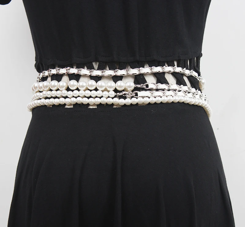 Women's Runway Fashion PU Leather Chain Pearl Cummerbunds Female Dress Coat Corsets Waistband Belts Decoration Belt R3554