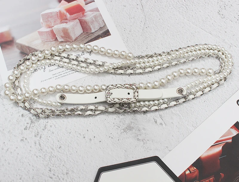 Women's Runway Fashion PU Leather Chain Pearl Cummerbunds Female Dress Coat Corsets Waistband Belts Decoration Belt R3554