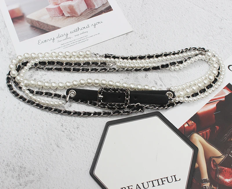 Women's Runway Fashion PU Leather Chain Pearl Cummerbunds Female Dress Coat Corsets Waistband Belts Decoration Belt R3554