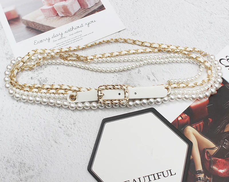 Women's Runway Fashion PU Leather Chain Pearl Cummerbunds Female Dress Coat Corsets Waistband Belts Decoration Belt R3554