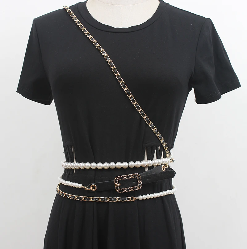 Women's Runway Fashion PU Leather Chain Pearl Cummerbunds Female Dress Coat Corsets Waistband Belts Decoration Belt R3554
