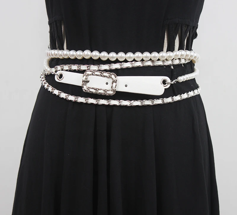 Women's Runway Fashion PU Leather Chain Pearl Cummerbunds Female Dress Coat Corsets Waistband Belts Decoration Belt R3554