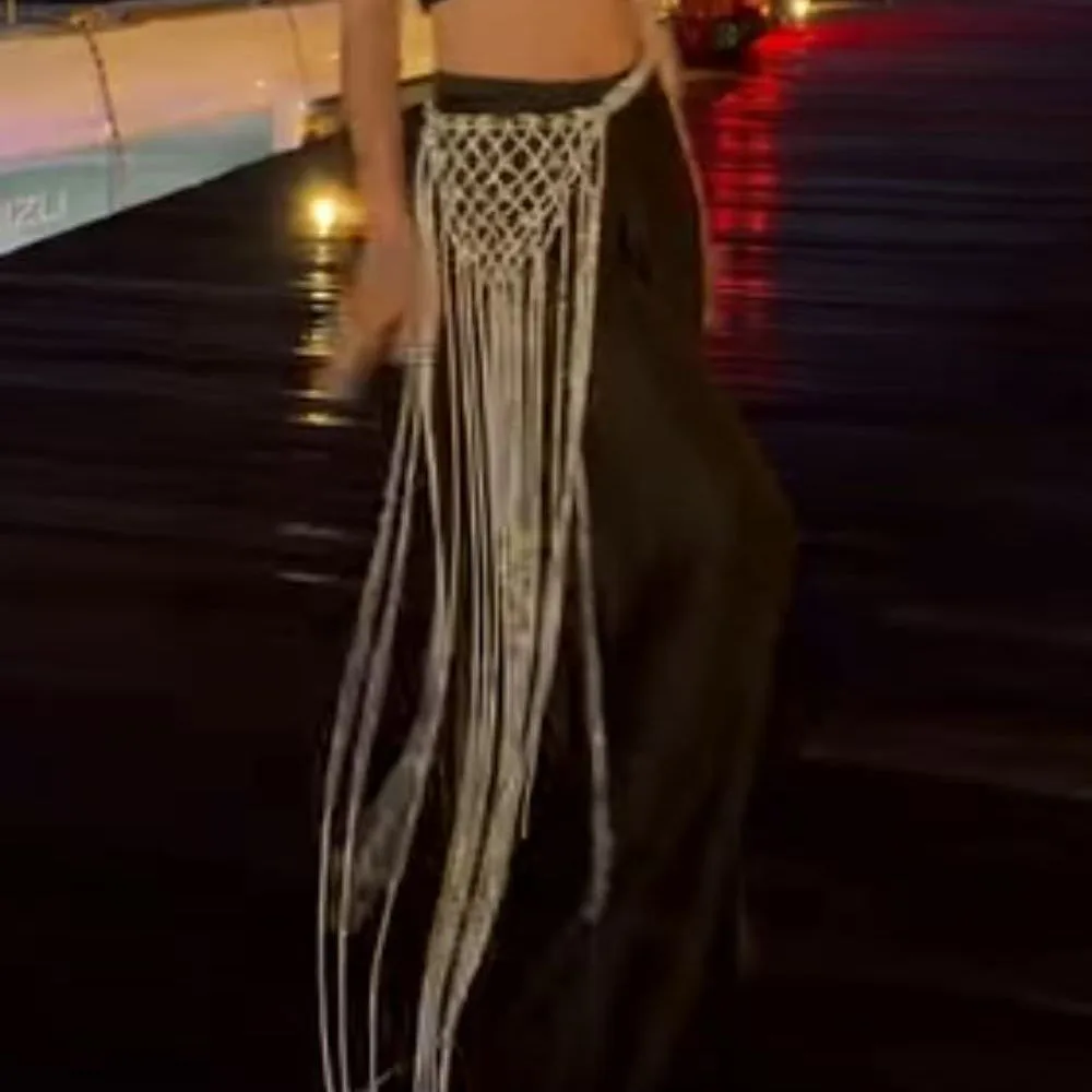 Beachapche Handmade Diamond Wire Knitted Fringe Waist Belt Women Sparkly Rhinestone Mesh Long Tassel Waist Chain Party Club Fest