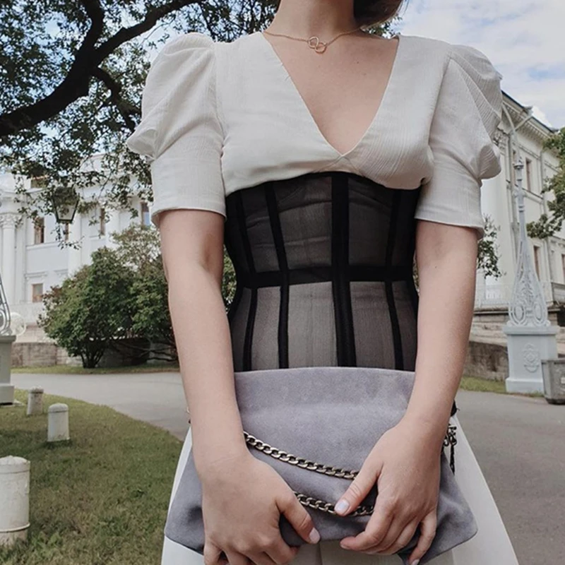 Women Sexy See-Through Mesh Underbust Corset Top Crisscross Lace-Up Bandage Bustier Slimming Waist Belt Cincher Body Shaper