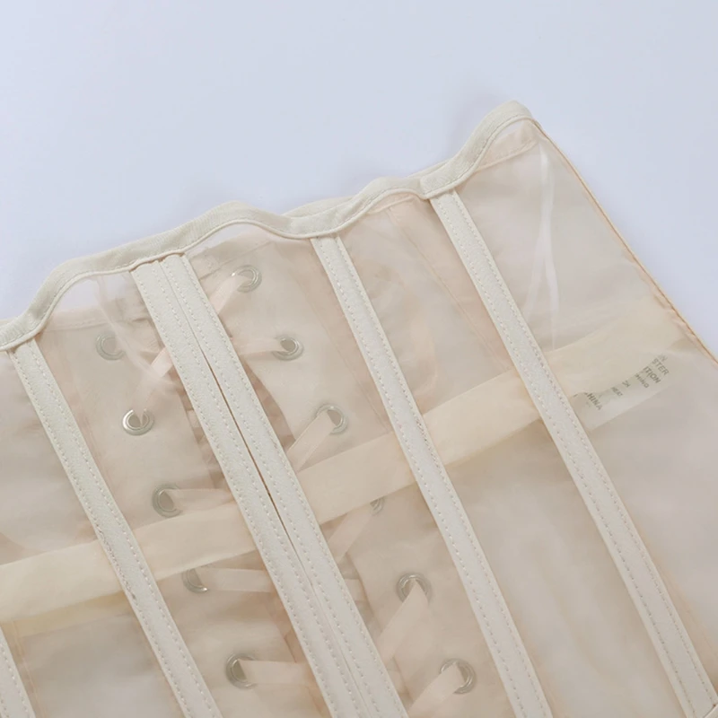 Women Sexy See-Through Mesh Underbust Corset Top Crisscross Lace-Up Bandage Bustier Slimming Waist Belt Cincher Body Shaper