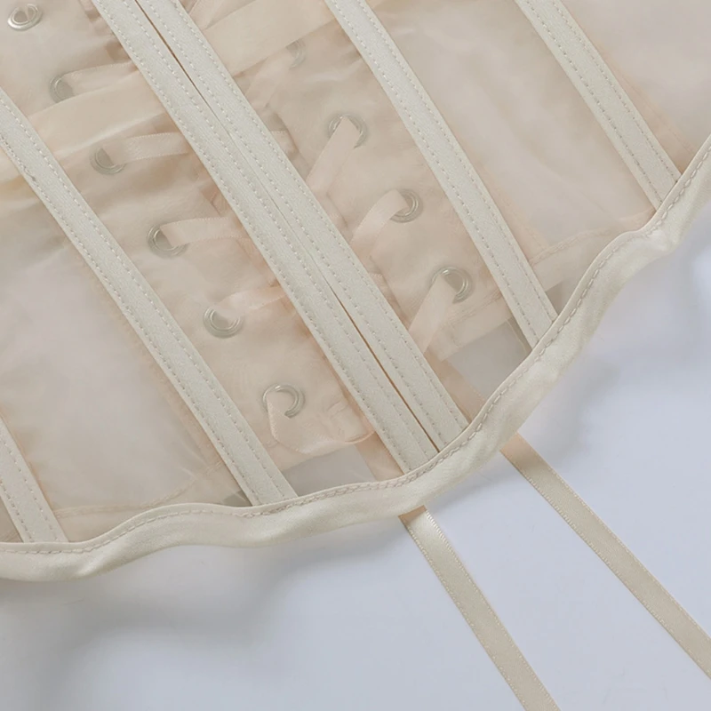 Women Sexy See-Through Mesh Underbust Corset Top Crisscross Lace-Up Bandage Bustier Slimming Waist Belt Cincher Body Shaper