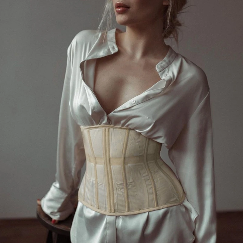 Women Sexy See-Through Mesh Underbust Corset Top Crisscross Lace-Up Bandage Bustier Slimming Waist Belt Cincher Body Shaper