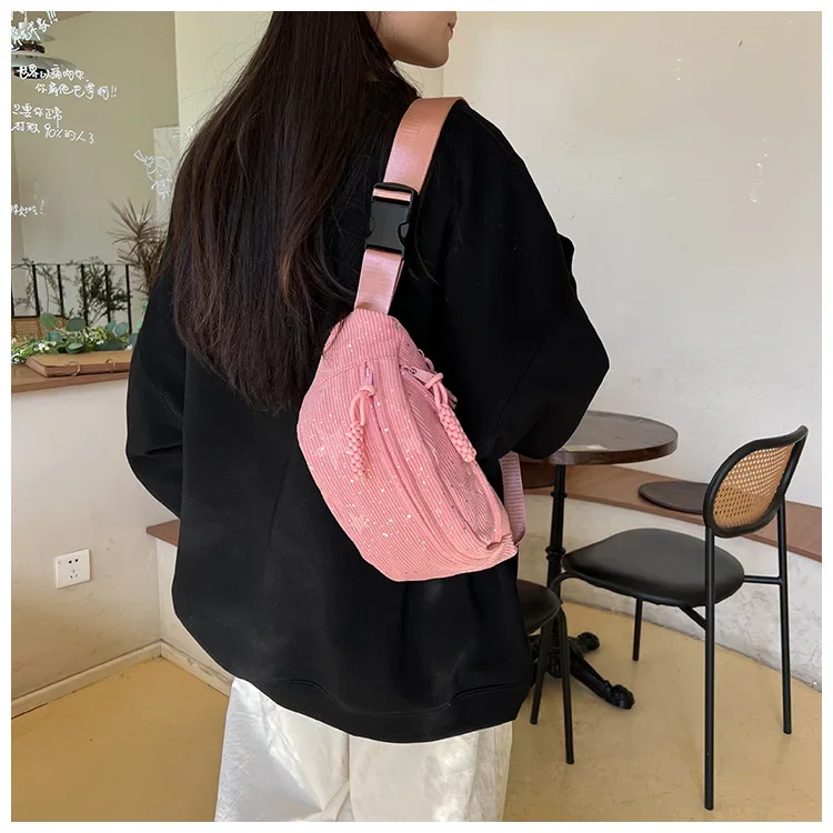 New Trendy and Minimalist Sports Casual Wind Lamp Core Velvet Waist Bag Solid Color Large Capacity Shoulder Bag Chest Bag