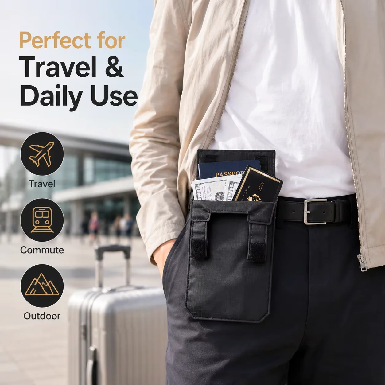Anti Theft Portable Belt Wallet Ultra Thin Hidden Nylon Pouch Hook Loop 2 Compartments Slim Travel Daily
