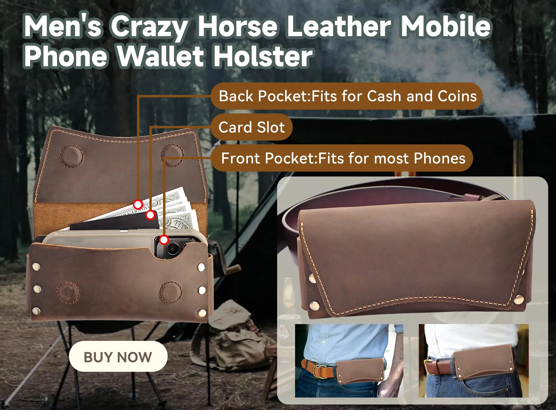 RIYAO Genuine Leather Waist Pack Vintage Dual Layer Phone Bag Pouch fanny pack For Men's Phone Holster Belt Bag Wallet Case Man