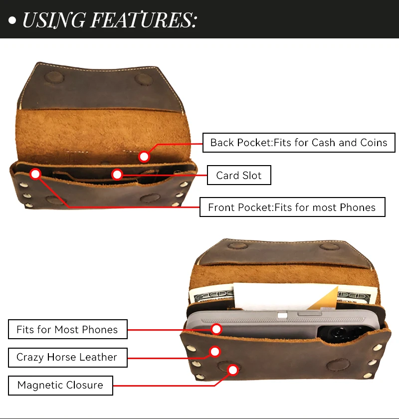 RIYAO Genuine Leather Waist Pack Vintage Dual Layer Phone Bag Pouch fanny pack For Men's Phone Holster Belt Bag Wallet Case Man