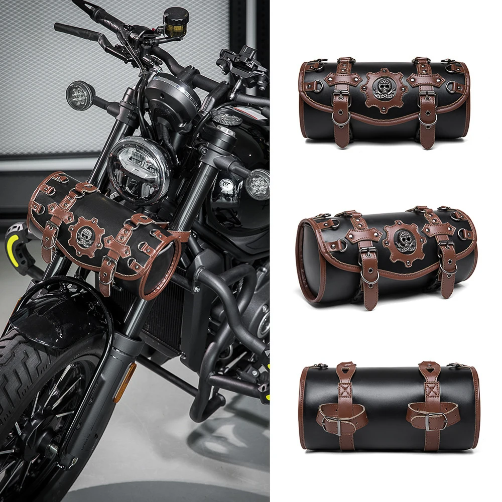 Motorcycle Saddlebag Leather Too PouchesStorage Suitable for Front Fork&Handlebar, RoadTrip Essential, Daily Commute
