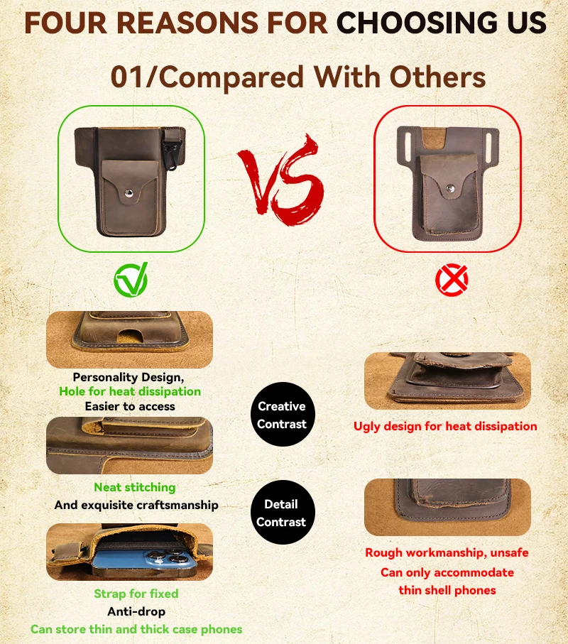 Genuine Leather Mobile Phone Holster Belt Case, Casual Waist Pack for Men, Phone Bag, Wallet Pocket, Cigarette Box for iPhone