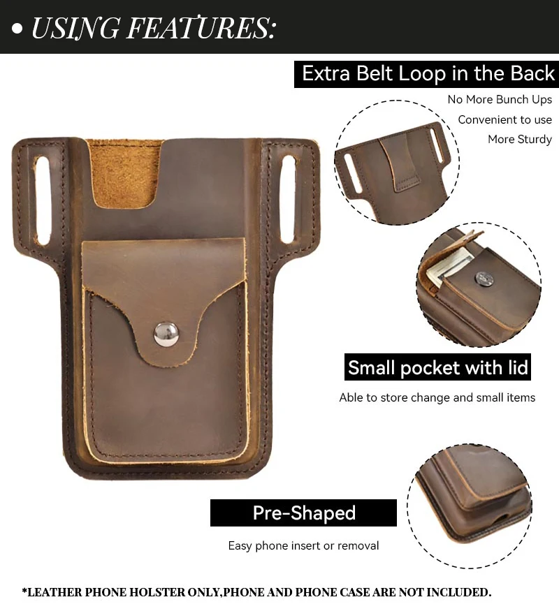 Genuine Leather Mobile Phone Holster Belt Case, Casual Waist Pack for Men, Phone Bag, Wallet Pocket, Cigarette Box for iPhone