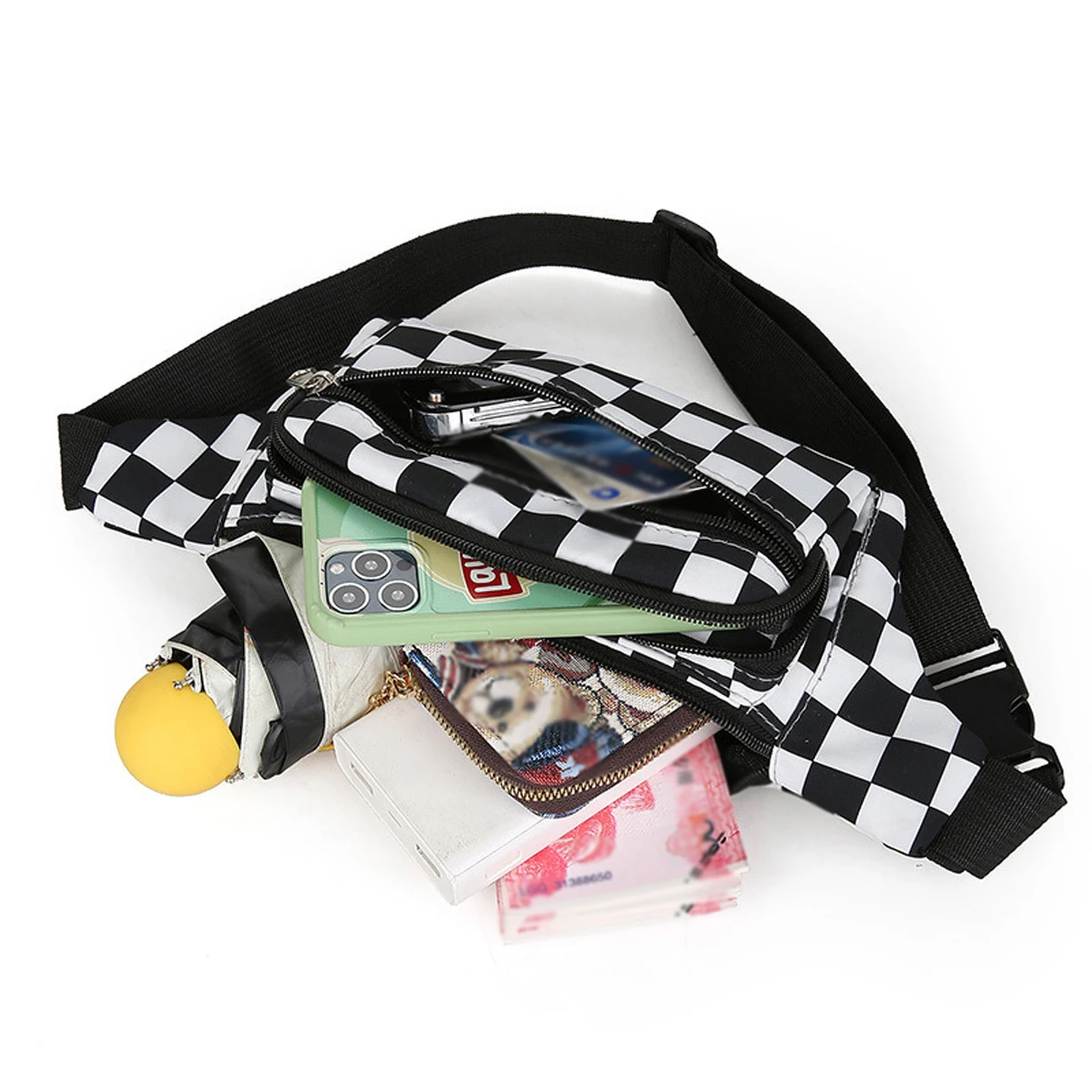 Large Capacity Waterproof Outdoor Sports Waist Bag Men's and Women's Black and White Plaid Mobile Phone Bag Student Waist Bag