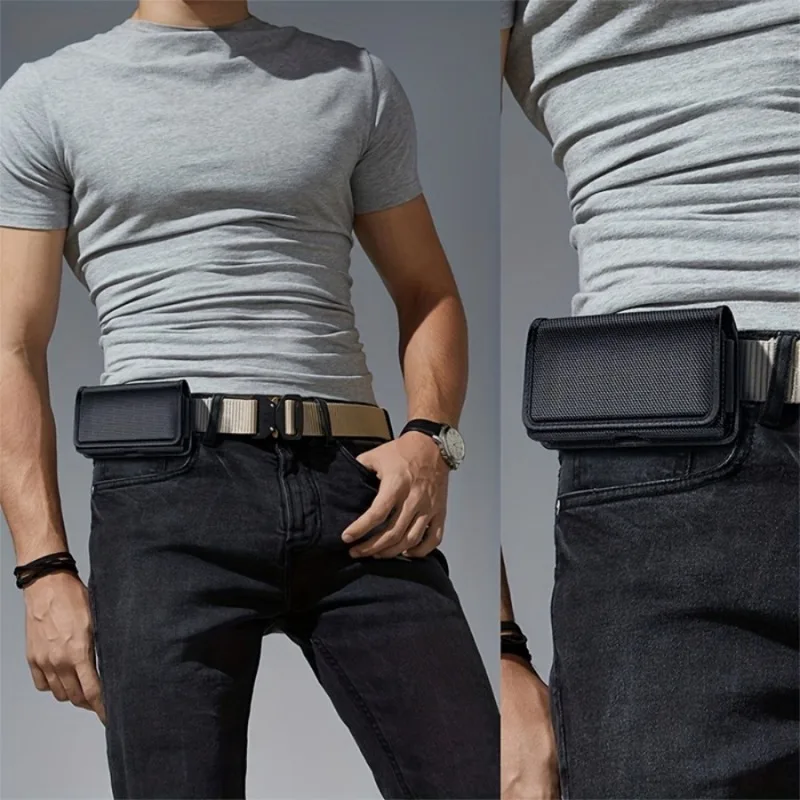 Fashion Simple Black Waist Belt Hanging Mobile Phone Bag Card Money License Case Stylish Multi-functional Men's Belt Bag