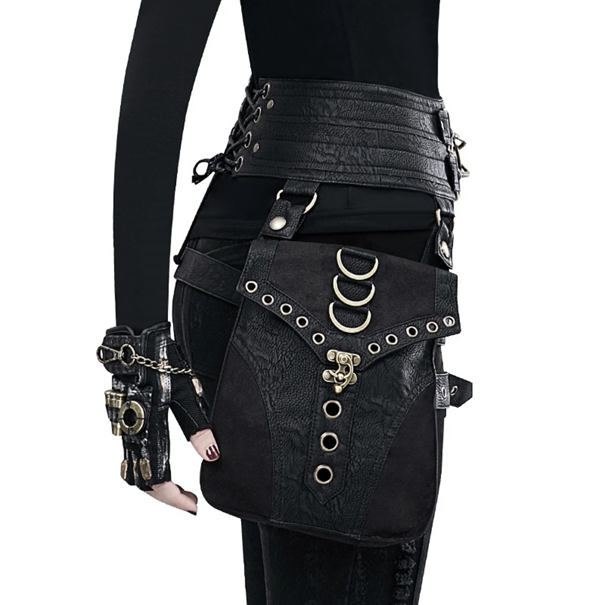 Steampunk PU Leather Women's Bag Retro Waist Bag Rivet Stitching Heavy-duty Design Belt Adjustable