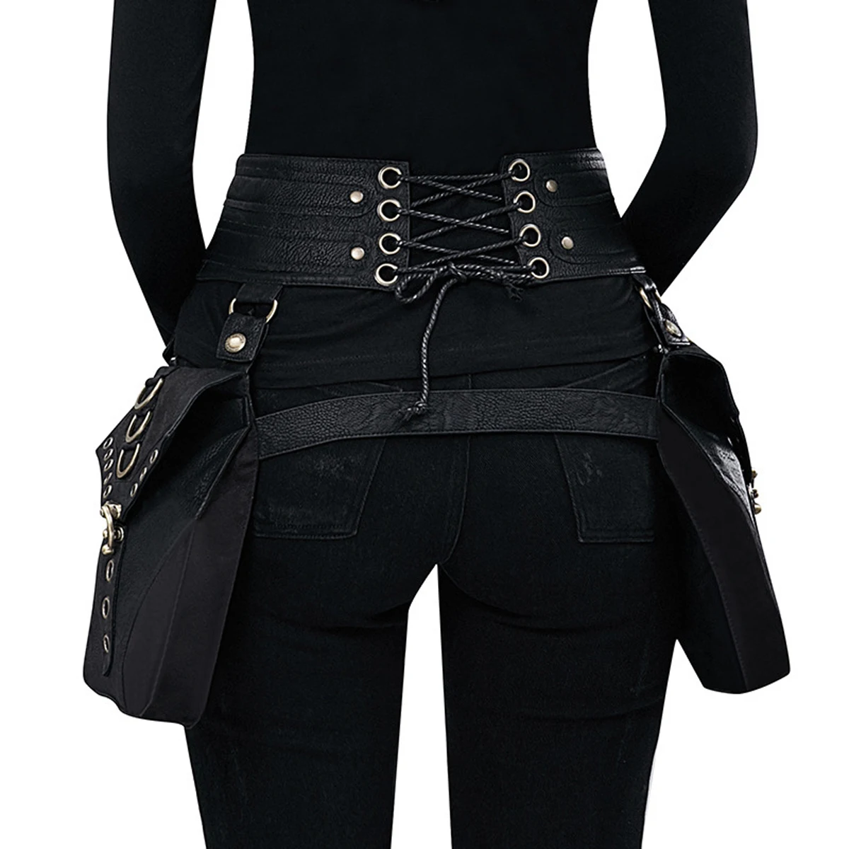 Steampunk PU Leather Women's Bag Retro Waist Bag Rivet Stitching Heavy-duty Design Belt Adjustable