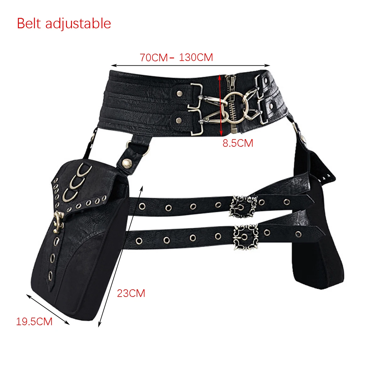 Steampunk PU Leather Women's Bag Retro Waist Bag Rivet Stitching Heavy-duty Design Belt Adjustable