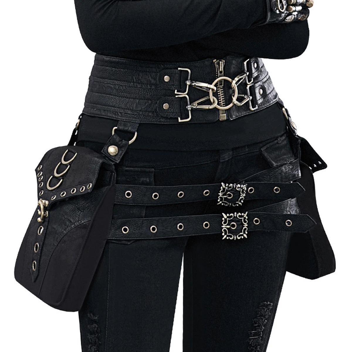 Steampunk PU Leather Women's Bag Retro Waist Bag Rivet Stitching Heavy-duty Design Belt Adjustable