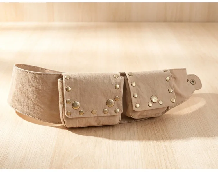 Niche Retro Hippie-Style Workwear Pocket Waist Bag with Studded Wide Belt and Tribal-Inspired Decorations for Women