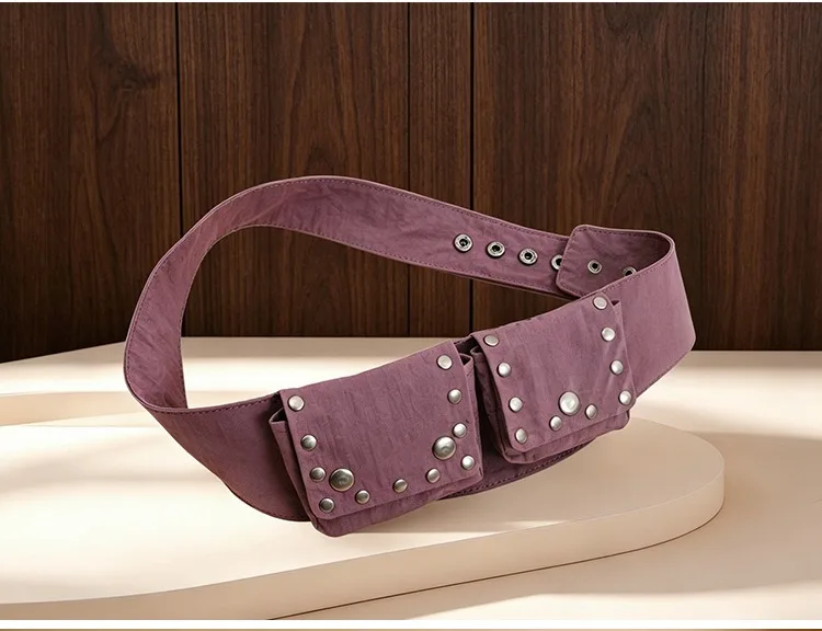 Niche Retro Hippie-Style Workwear Pocket Waist Bag with Studded Wide Belt and Tribal-Inspired Decorations for Women