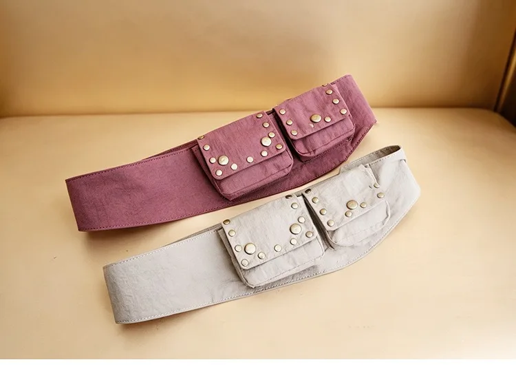 Niche Retro Hippie-Style Workwear Pocket Waist Bag with Studded Wide Belt and Tribal-Inspired Decorations for Women