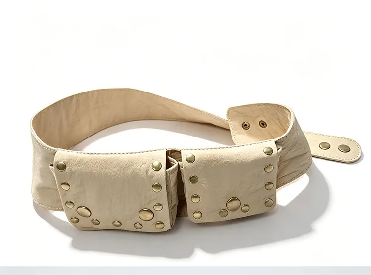 Niche Retro Hippie-Style Workwear Pocket Waist Bag with Studded Wide Belt and Tribal-Inspired Decorations for Women