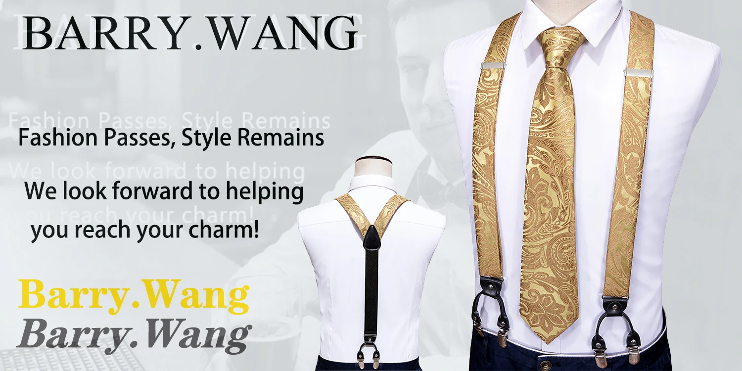 Barry.Wang Teal Blue Silk Mens Suspender Hanky Cufflinks Tie Set Adjustable Clip On Braces Self Necktie Male Wedding Business
