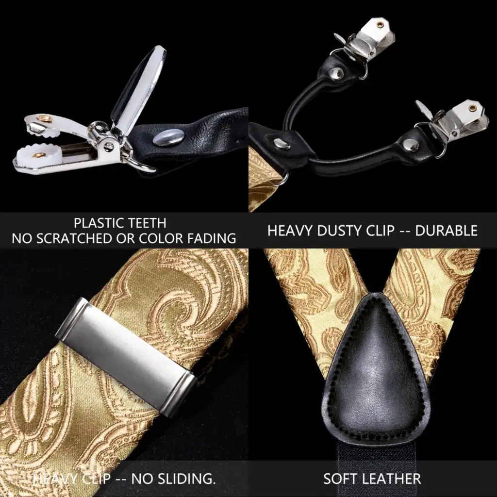Barry.Wang Teal Blue Silk Mens Suspender Hanky Cufflinks Tie Set Adjustable Clip On Braces Self Necktie Male Wedding Business