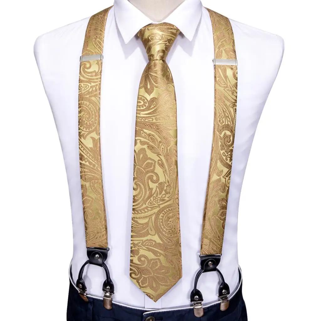 Barry.Wang Teal Blue Silk Mens Suspender Hanky Cufflinks Tie Set Adjustable Clip On Braces Self Necktie Male Wedding Business
