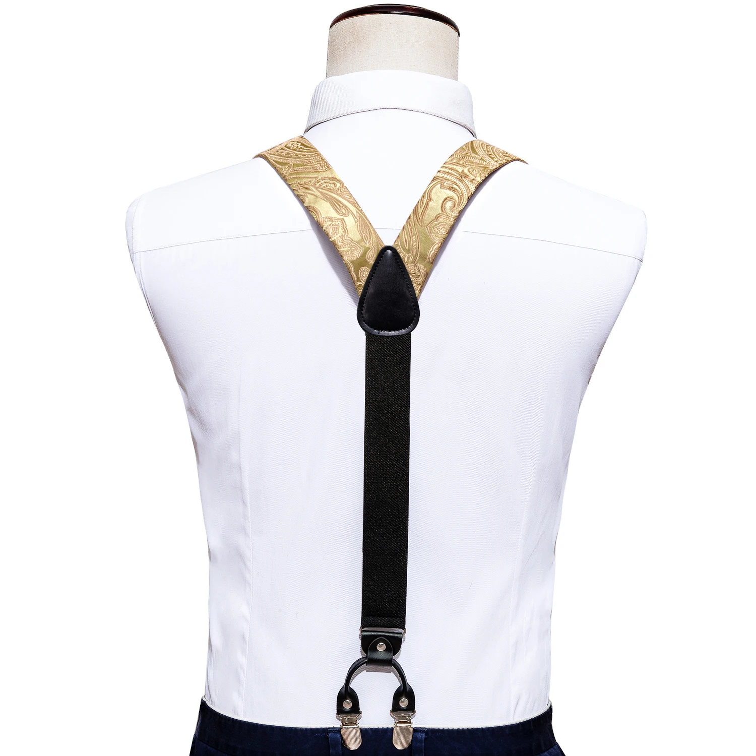 Barry.Wang Teal Blue Silk Mens Suspender Hanky Cufflinks Tie Set Adjustable Clip On Braces Self Necktie Male Wedding Business