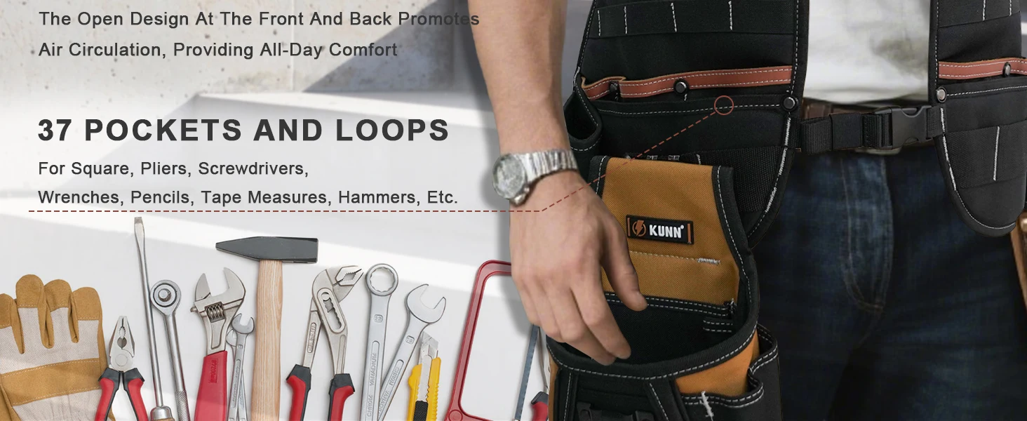 Leather Tool Vest for Men – Adjustable 37-Pocket Work Vest for Electricians, Carpenters, and Construction Workers